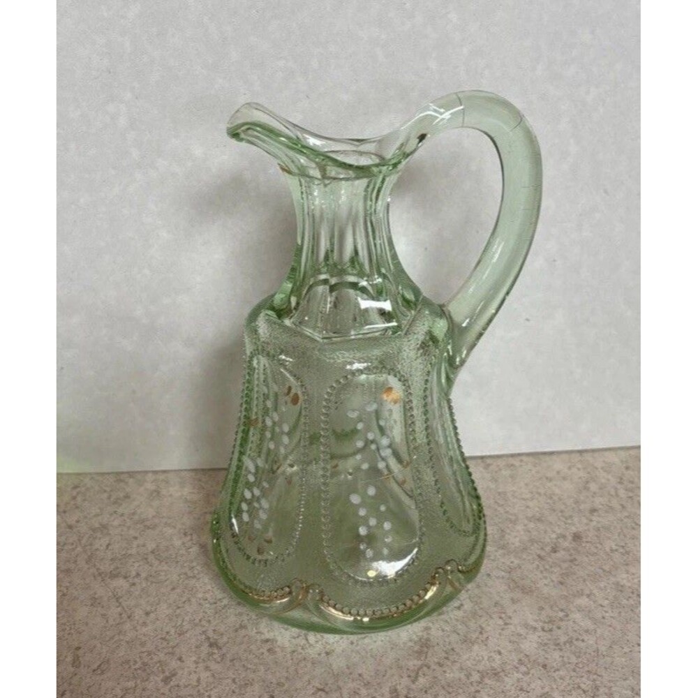 Antique EAPG Dugan Glass Cruet Green Apple Beaded Ovals in Sand Vtg Painted